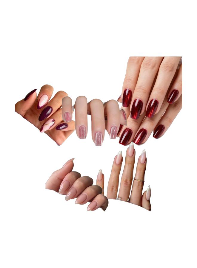 Orange Life Press On Nails 5 Box Set Combo Almond French Tip Glossy Nude Pink Burgundy Glitter Artificial Nails Kit for Women Full Cover Stick On Nails Reusable Acrylic Nails Salon Style Nail Design for Daily Wear Wedding Party Office Elegant Fashion Nails  Title（AR）： - Image 1